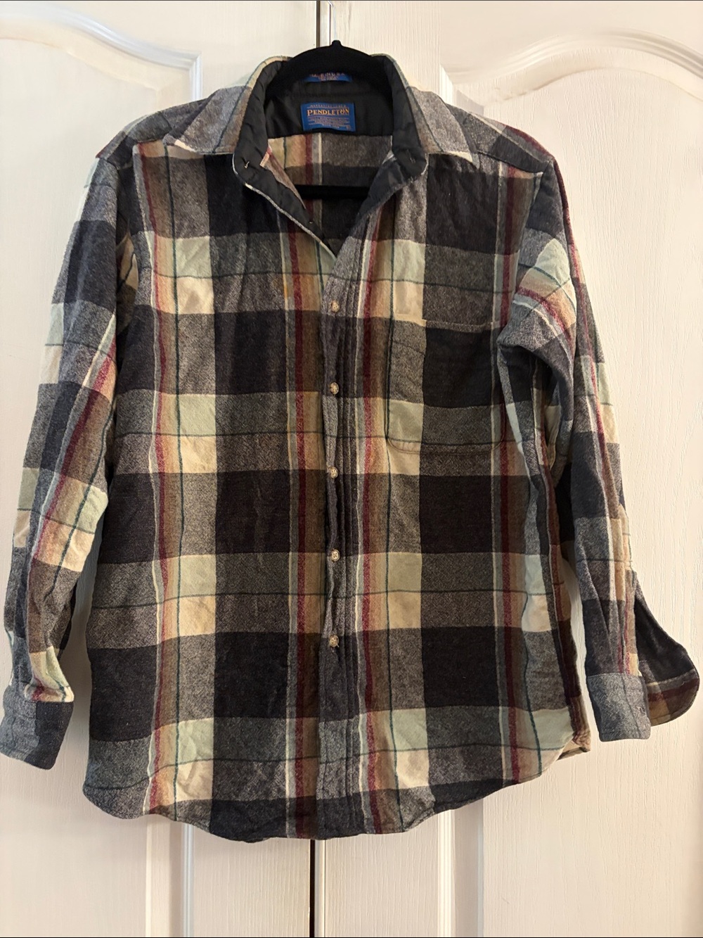 Pendleton Plaid Flannel Shirt in Black, Cream & Red Accents